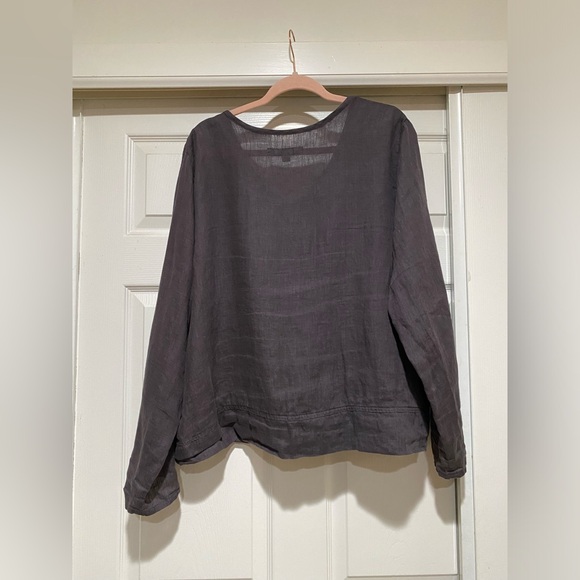 FLAX Long Sleeve Peplum Blouse Shirt Charcoal Button Linen Lagenlook Size Large - Picture 7 of 10
